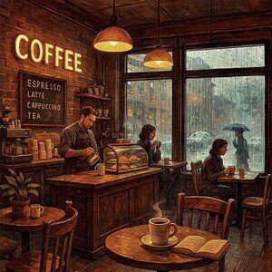 PHOTO OF A CITY COFFEE SHOP ON A RAINY DAY